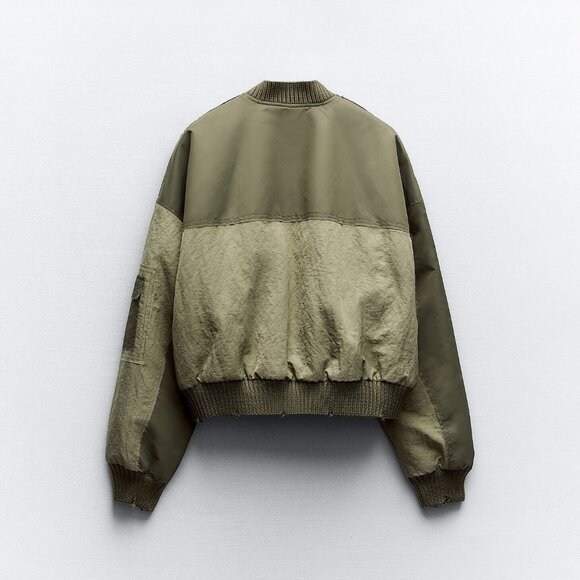 ZARA Water Repellant Patchwork Bomber Jacket Green Oversized Size Medium Padded - Picture 3 of 13